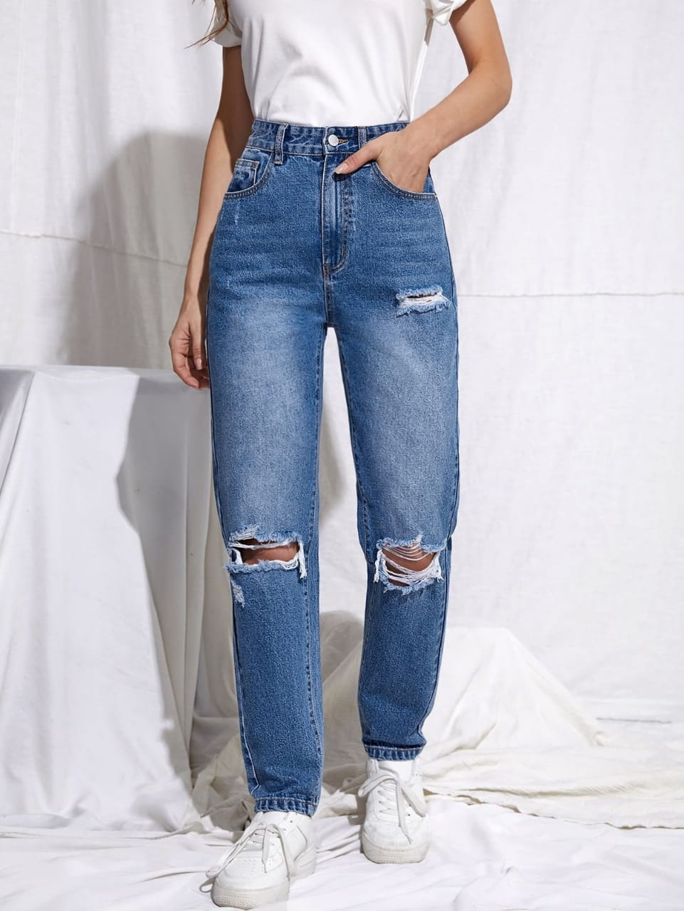 Knee Cut High Waist Boyfriend Denim