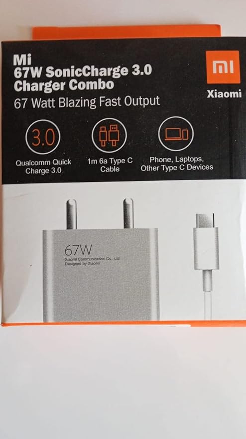 MI 67W SonicCharge 3.0 Charger Combo with Qualcomm Quick Charge 3.0, Superfast 6A Type C Cable (White)