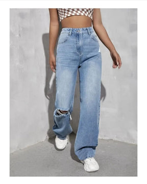 High Waist Wishker wash Wide Leg Denim